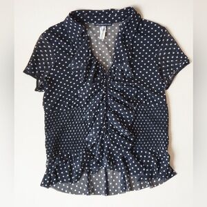 Lillie Rubin Vintage Polka Dot Mesh Sheer Shirring Ruffle Blouse - Size Medium